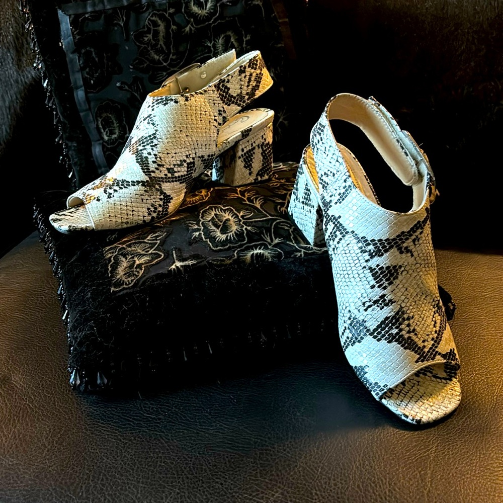 White with black faux snake skin sandals